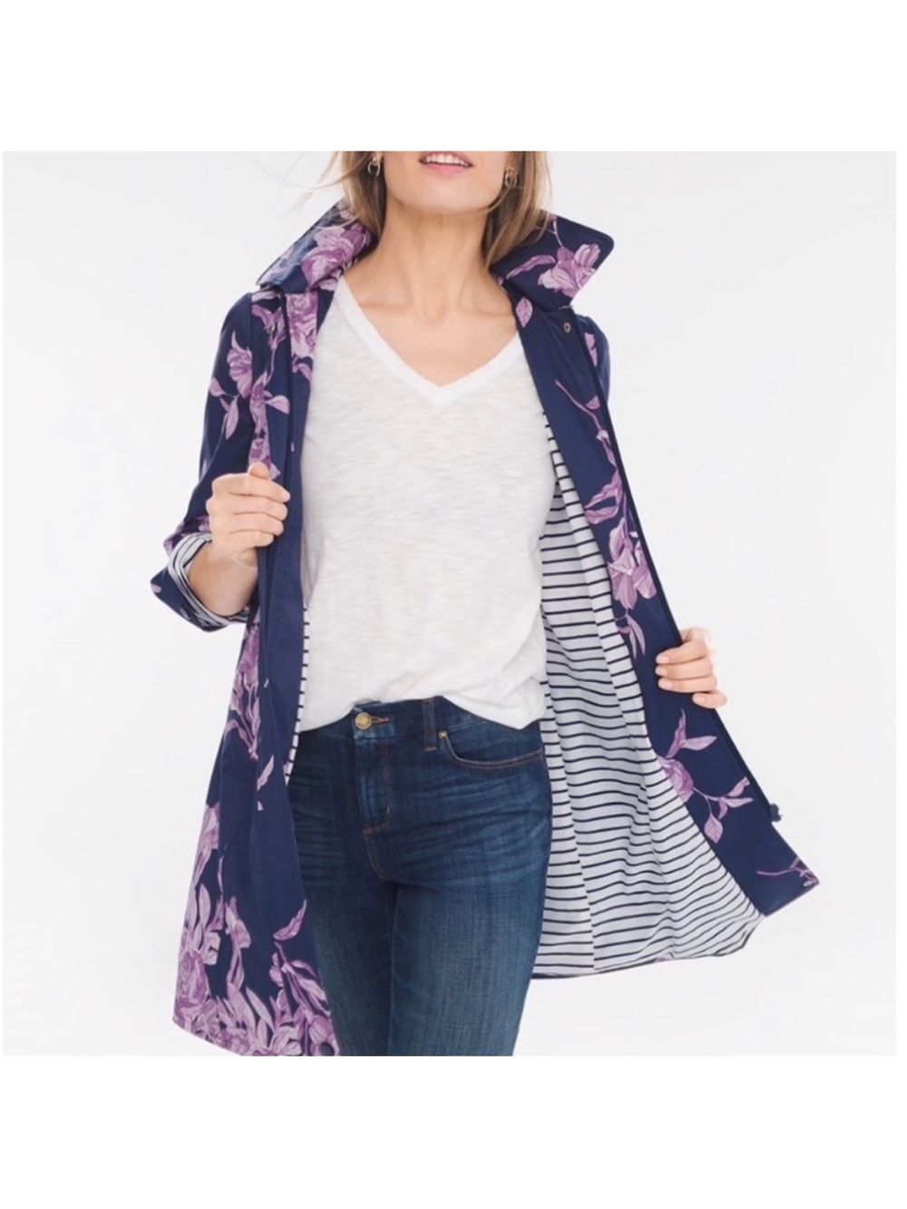 Chico's Floral Striped Rain Jacket Coat Size 1 EUC - Picture 4 of 10